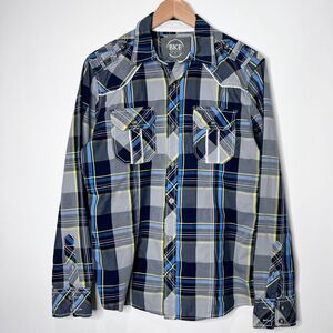 BKE Button Down Shirt Athletic Fit Blue Yellow Long Sleeve Men's Size M